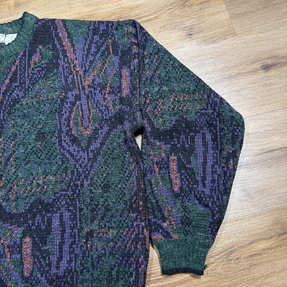 Vintage Bugle Boy Sweater Abstract Paisley Green Purple Print Streetwear Mens XL - Picture 4 of 10